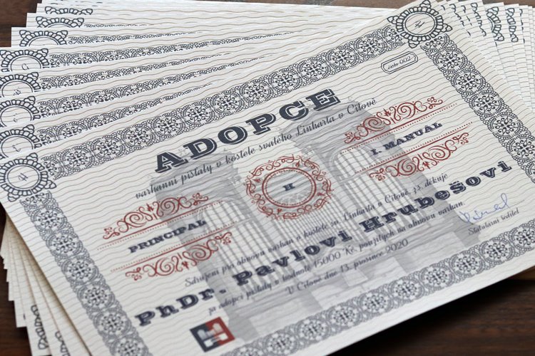 Certifikát adopce píšťaly
